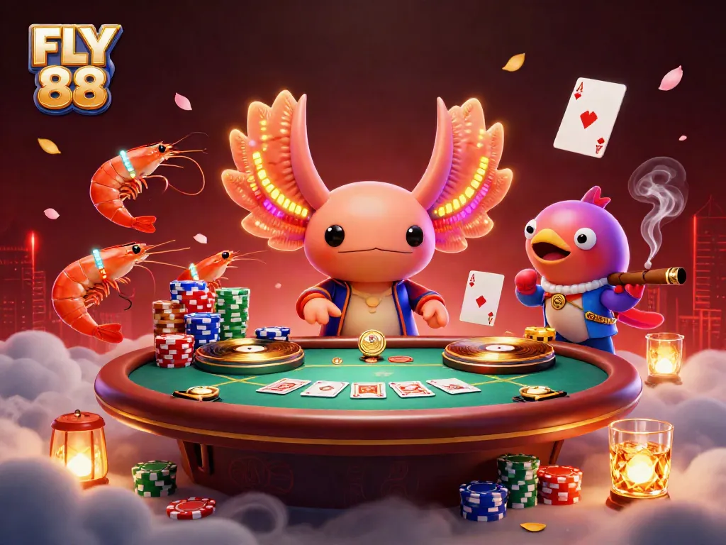 Celebrate wins with FLY 88 in this vibrant casino party scene featuring lively characters.