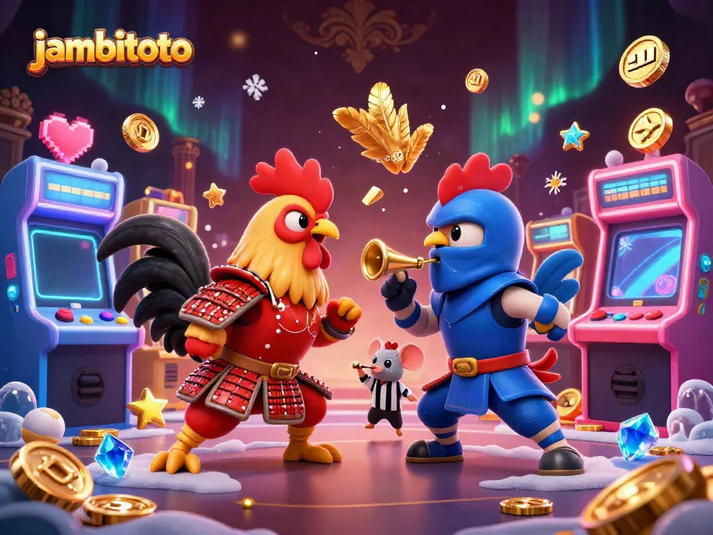 Experience thrilling showdowns at jambitoto with dynamic fighting rooster characters and vibrant casino elements.