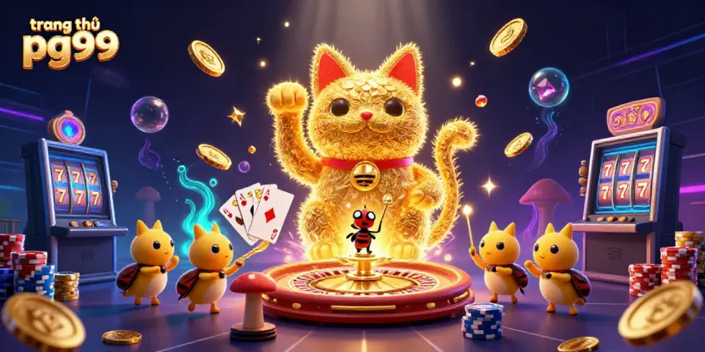 Experience exciting gaming at trang chủ pg99 with a vibrant lucky cat and dazzling casino symbols.