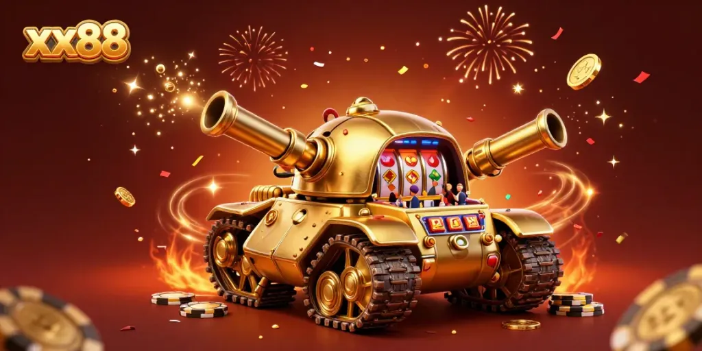 Experience thrilling gaming with xx88 in a vibrant 3D casino scene featuring a golden beetle tank.