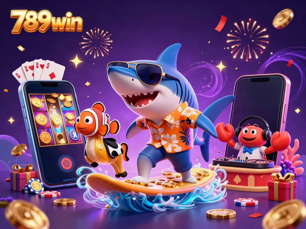 Engage in thrilling fun at 789win with a vivid 3D casino scene featuring a surfing shark and casino games.