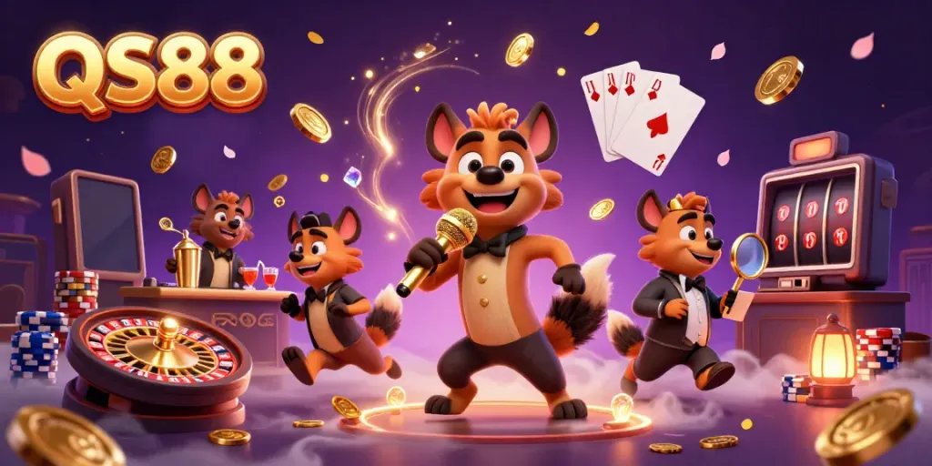 Experience the vibrant energy of QS88's comedy casino with hyenas performing various entertaining roles.